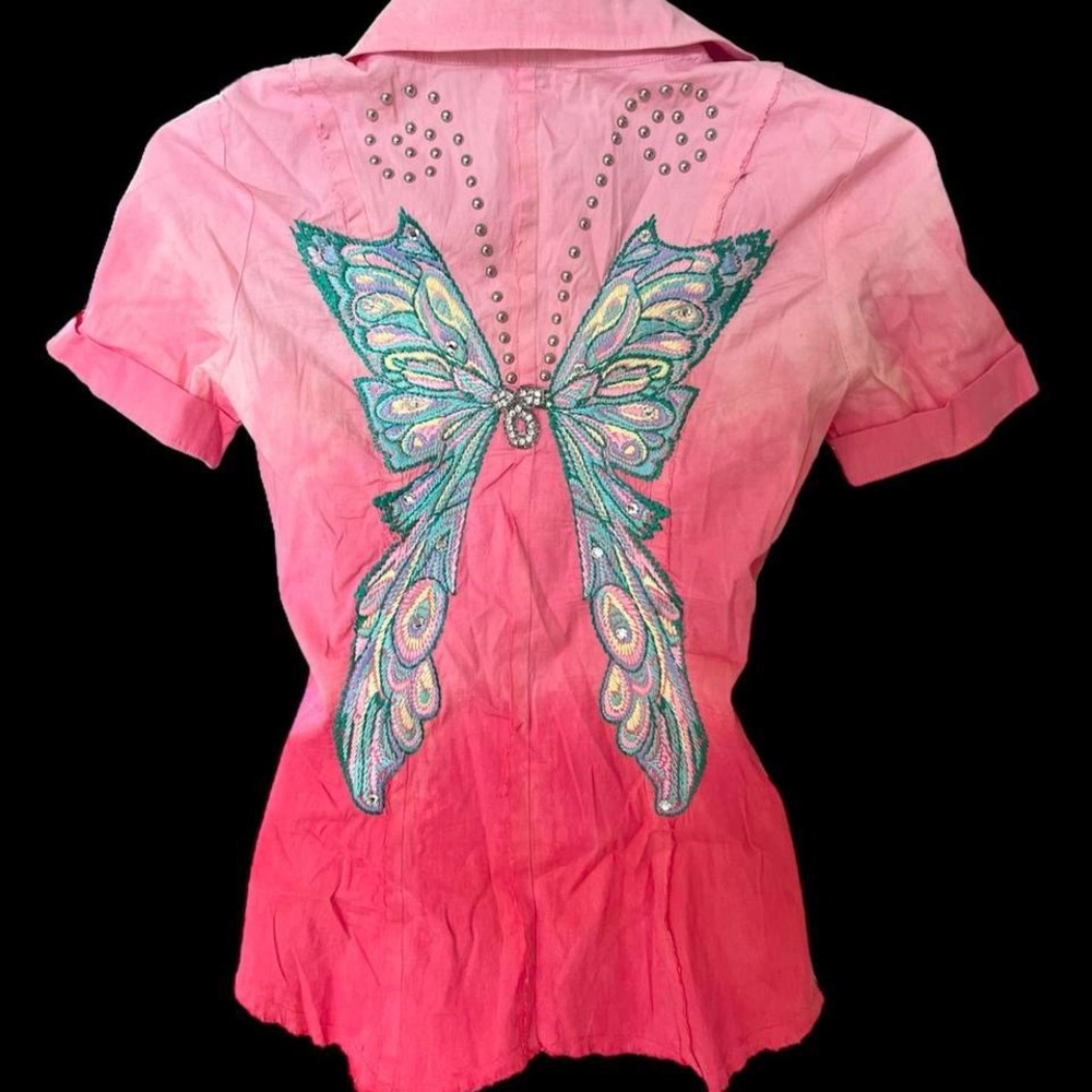 Vintage Beautiful Embellished Pink Butterfly Women's Top